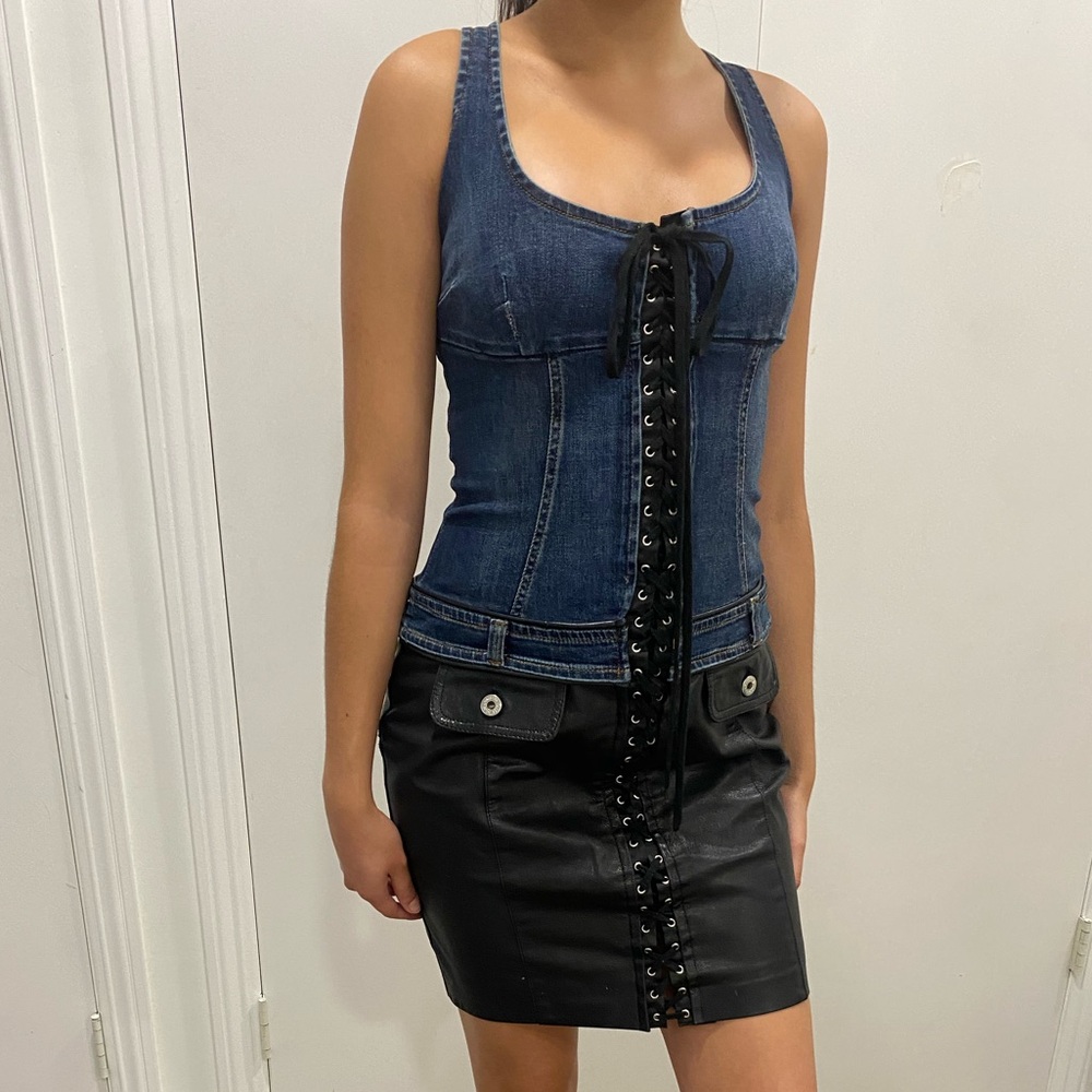 Vintage 90’s D&G Blue Denim and Black Leather Dress - Picture 2 of 16